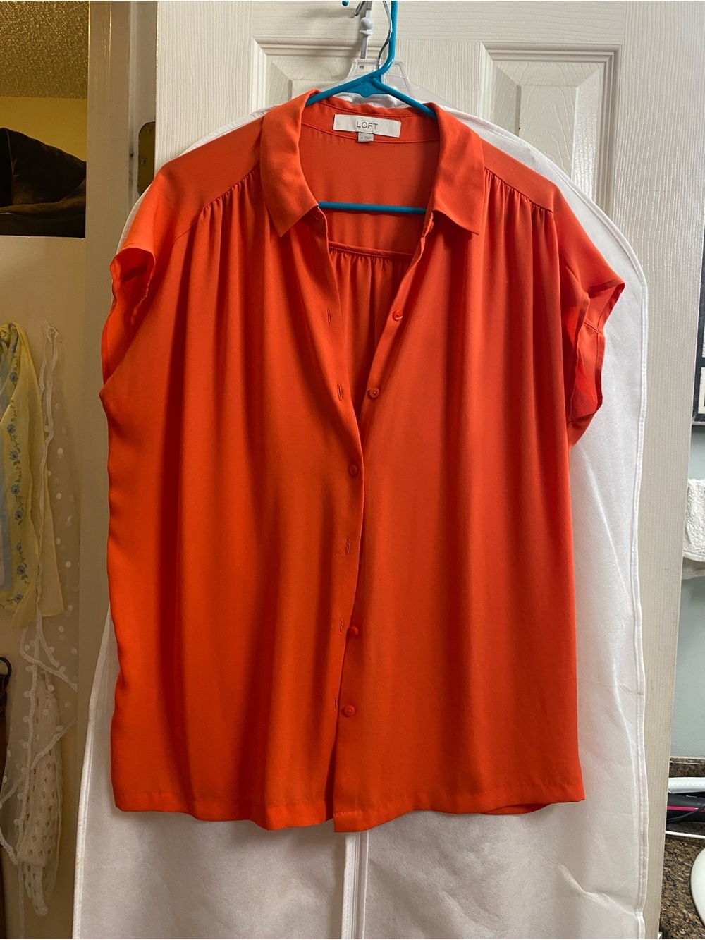 LOFT Orange Short-Sleeve Button Down Blouse